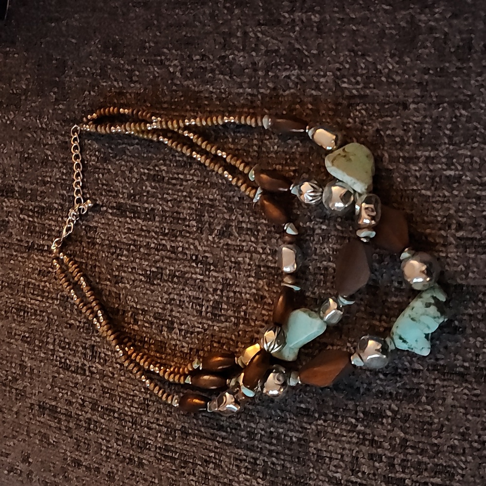 Wood, bead and turquoise 3 string necklace